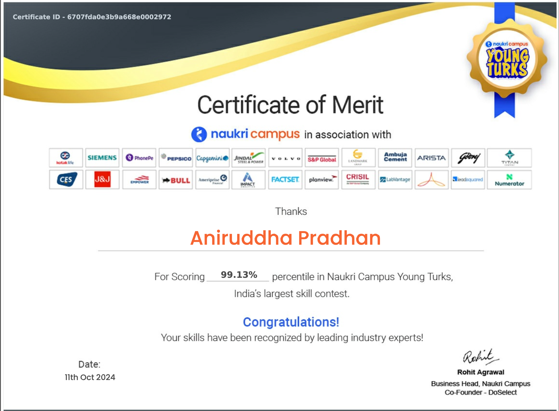 Naukri Campus Young Turks certificate